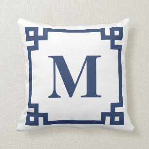 Monogramm für die blaue griechische Schlüsselgrenz Kissen