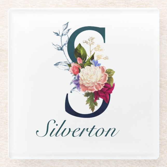 Monogramm für die extravagante florale Marine S Glasuntersetzer (Vorderseite)