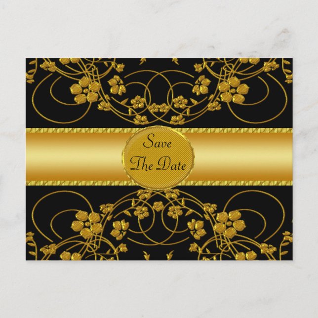 Monogramm für die Hochzeit von Gold und Black Flor Ankündigungspostkarte (Vorderseite)