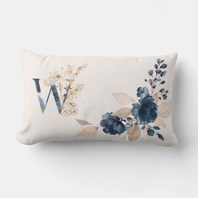 Monogramm für die Rose der Wasserfarbe Navy und Go Lendenkissen (Vorderseite)