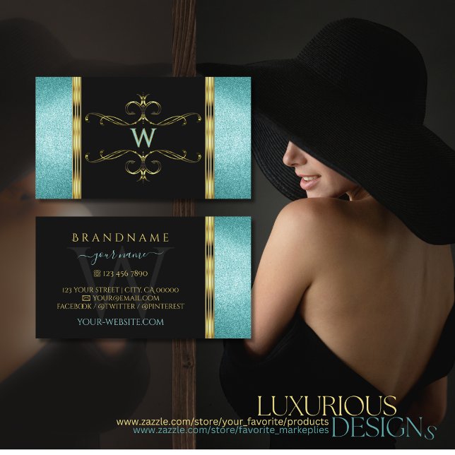 Monogramm für die Schwarz-Aquamarin-Glitzer-Goldde Visitenkarte (Von Creator hochgeladen)