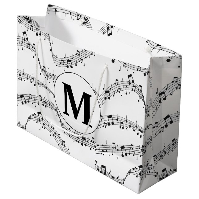 Monogramm für die Schwarzweiß-Musiknote Große Geschenktüte (Vorderseite Schrägansicht)