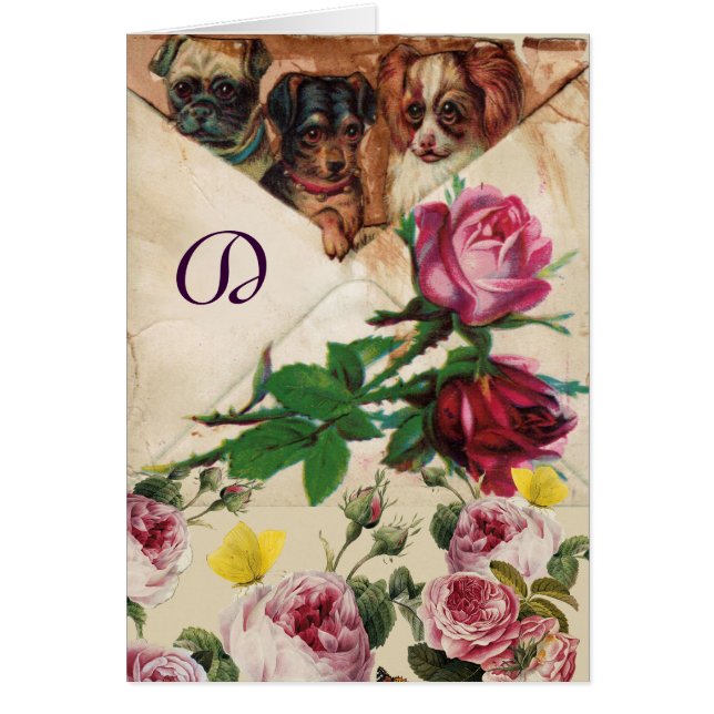 MONOGRAMM FÜR DREI HUNDE, ROSE UND SCHALTFLÄCHEN (Vorne)
