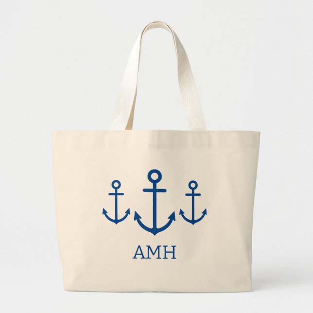 Monogramm für einfache blaue und weiße Anker Jumbo Stoffbeutel (Vorne)