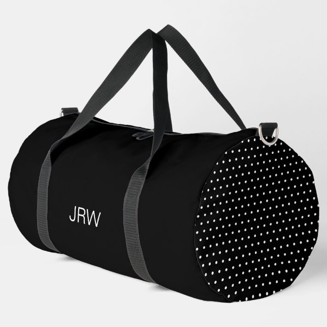 Monogramm für einfache schwarze und weiße Punkte Duffle Bag (Linke Ecke)