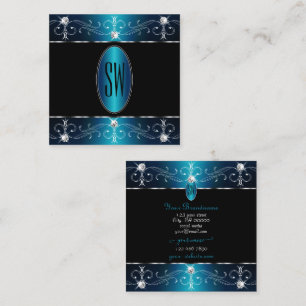 Monogramm für elegante, Aquamarin blaue Verzierte  Quadratische Visitenkarte