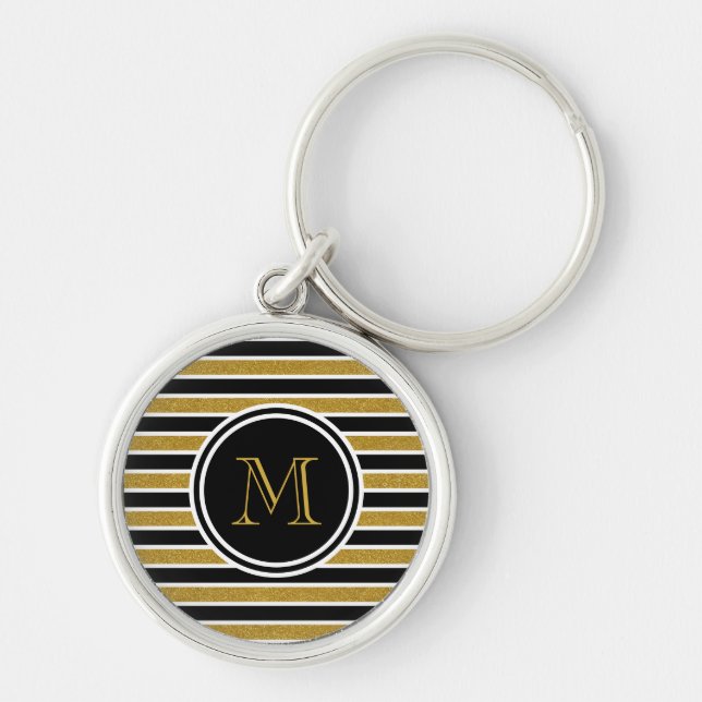 Monogramm für elegante Gold-Glitzer-Streifen Schlüsselanhänger (Vorne)