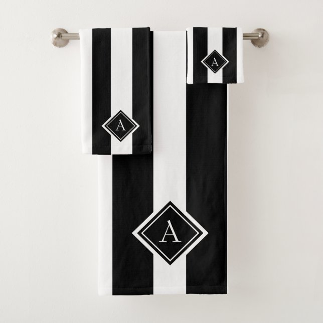 Monogramm für elegante Schwarz-weiße vertikale Str Badhandtuch Set (Insitu)