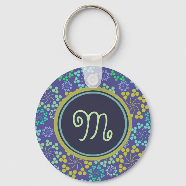 Monogramm für Funky Abstrakt Blue Floral Schlüsselanhänger (Vorderseite)