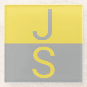Monogramm für gelbe und graue moderne Initialen Glasuntersetzer