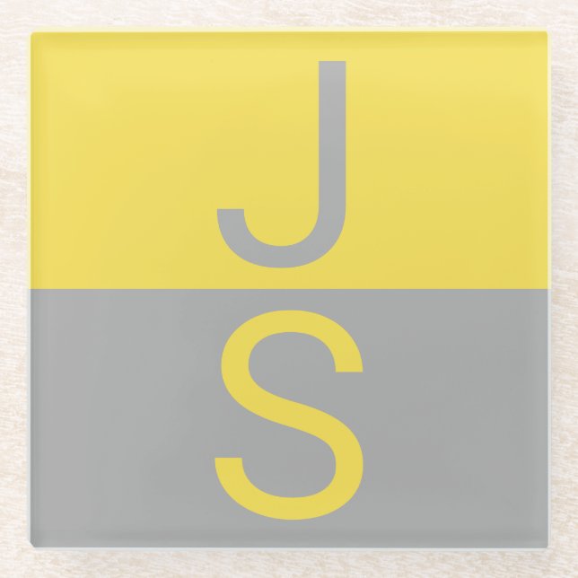 Monogramm für gelbe und graue moderne Initialen Glasuntersetzer (Vorderseite)