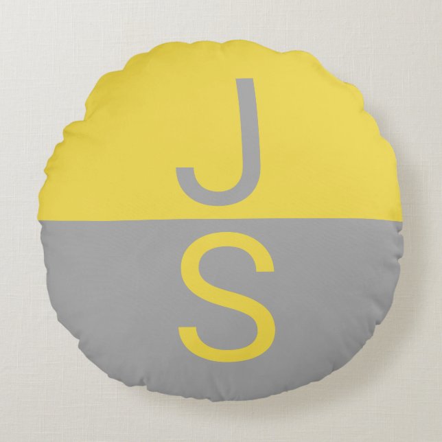 Monogramm für gelbe und graue moderne Initialen Rundes Kissen (Vorderseite)