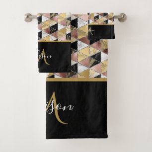 Monogramm für geometrisches Schwarz und Rose Badhandtuch Set