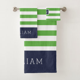 Monogramm für grüne und Marine Streifen Badhandtuch Set