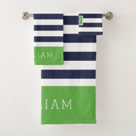 Monogramm für grüne und Marine Streifen Badhandtuch Set