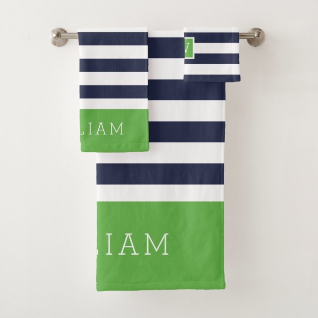 Monogramm für grüne und Marine Streifen Badhandtuch Set (Insitu)