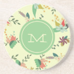 Monogramm für hübsche Frühlingsflorenminze Getränkeuntersetzer<br><div class="desc">Hübsches modernes Blumenmuster auf Beige mit minzgrünem Kreissymbol.</div>