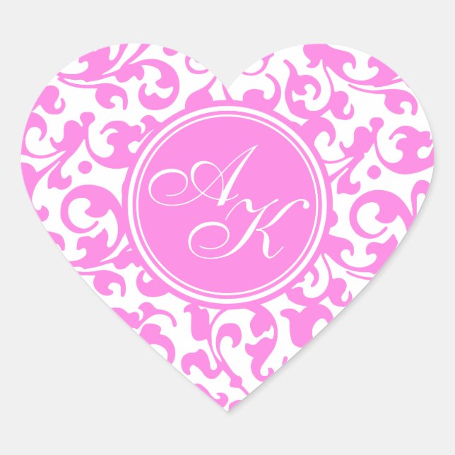 Monogramm für hübsche rosa und weiße Damaskus Herz-Aufkleber (Vorderseite)