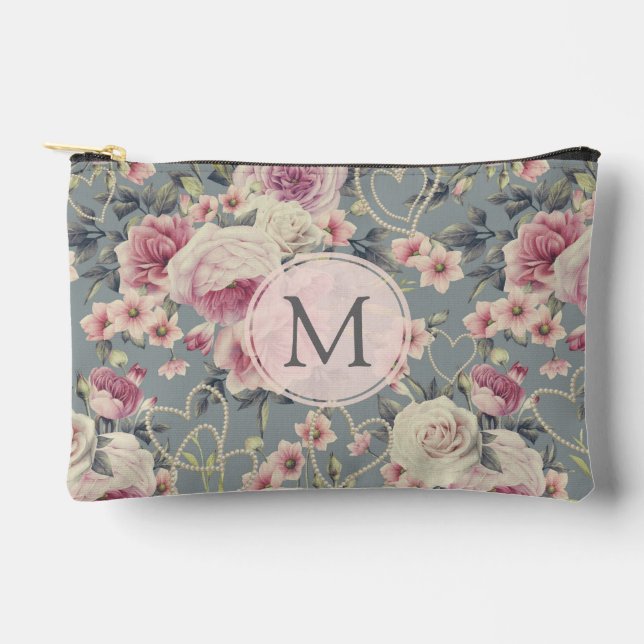 Monogramm für hübsche Rosen und Perlhöre Zubehörtasche (Vorderseite)