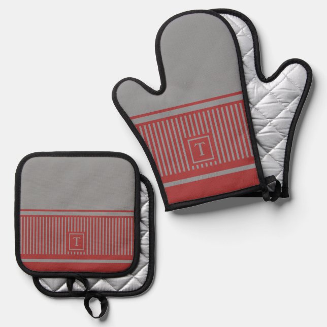 Monogramm für klassische Streifen Ofenhandschuh & Topflappen-Set (Vorderseite/Rückseite)