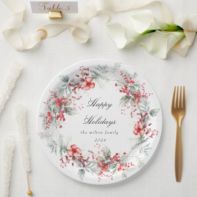 Monogramm für klassische Weihnachtsberries Pappteller (Hochzeit)