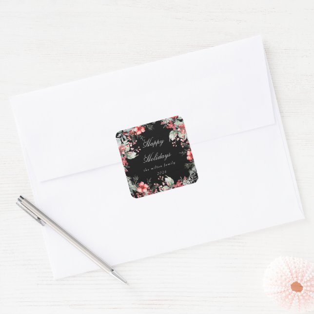 Monogramm für klassische Weihnachtsberries Quadratischer Aufkleber (Umschlag)