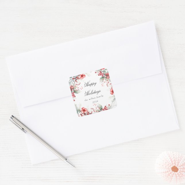Monogramm für klassische Weihnachtsberries Quadratischer Aufkleber (Umschlag)