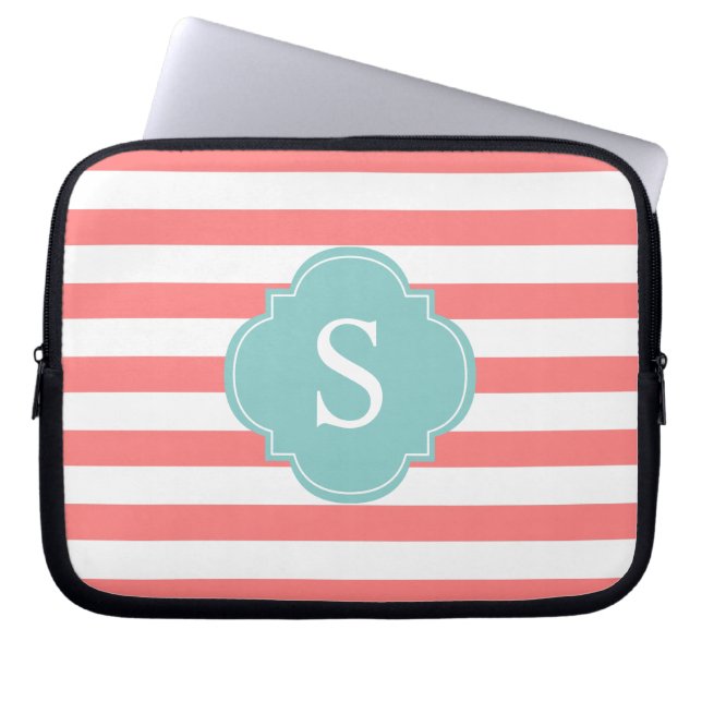 Monogramm für Korallen und Minzstreifen Laptopschutzhülle (Vorderseite)