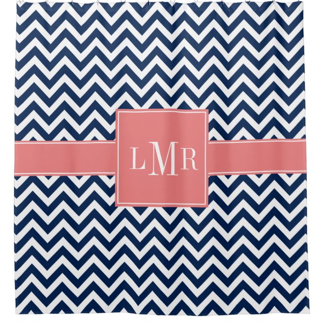 Monogramm für Korallen und Navy Blue Chevrons Duschvorhang (Vorderseite)