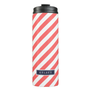 Monogramm für korallenblaue Preppy-Streifen Thermosbecher