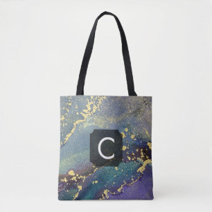 Monogramm für lila, Aquamarine und Gold Liquid Art Tasche