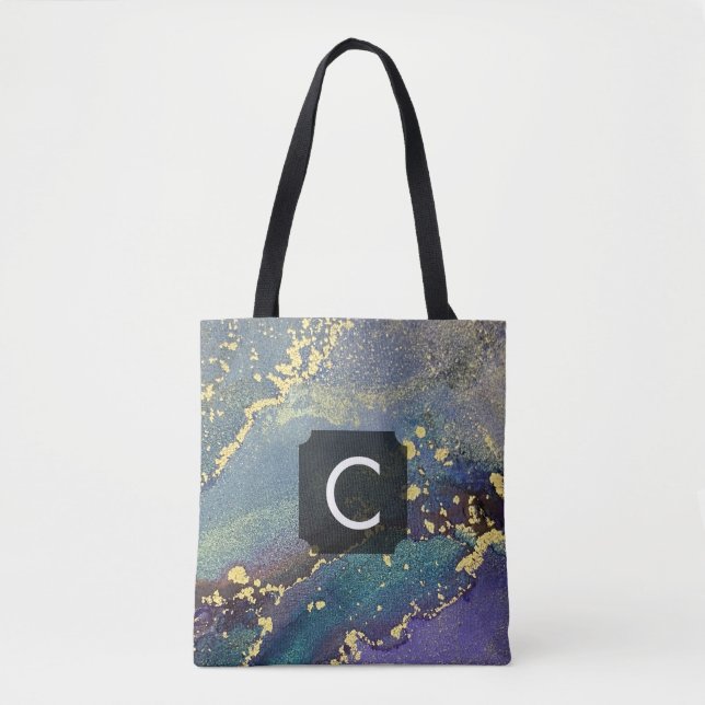 Monogramm für lila, Aquamarine und Gold Liquid Art Tasche (Vorderseite)