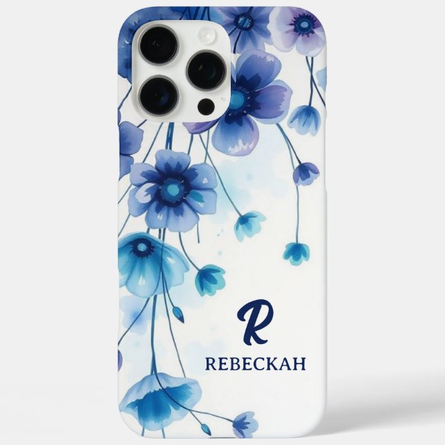 Monogramm für lila blaue Eleganfarbene Blume iPhone 16 Pro Max Hülle (Rückseite)