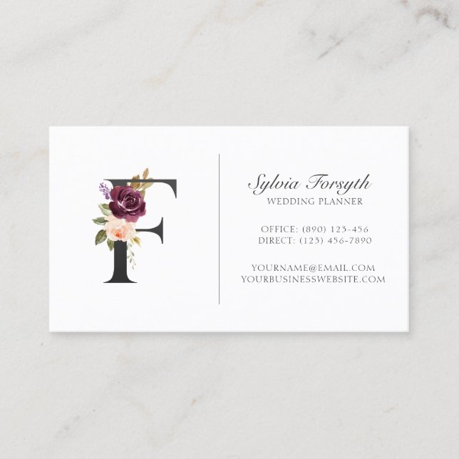 Monogramm für Lila florale Rose aus elegantem Pfla Visitenkarte (Vorderseite)
