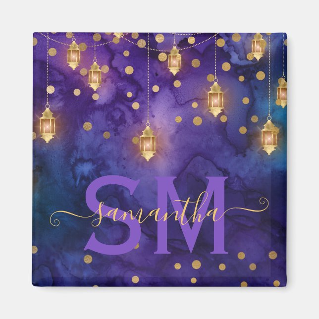Monogramm für lila und blaues Laternenglühen Magnet (Vorne)