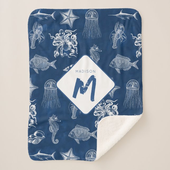 Monogramm für Meerestiere mit blauer Wasserfarbe Sherpadecke (Vorderseite)