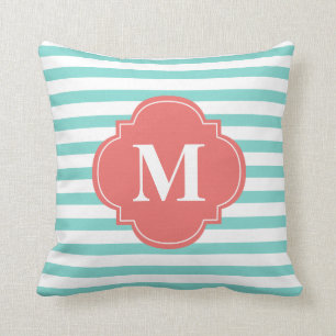 Monogramm für Minze und Korallenreifen Kissen