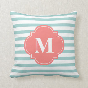 Monogramm für Minze und Korallenstreifen Kissen