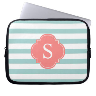 Monogramm für Minze und Korallenstreifen Laptopschutzhülle