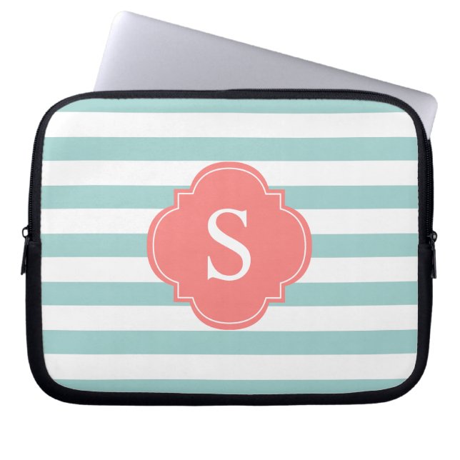 Monogramm für Minze und Korallenstreifen Laptopschutzhülle (Vorderseite)