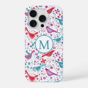 Monogramm für moderne Aquarellvögel und Blume iPhone 15 Pro Hülle