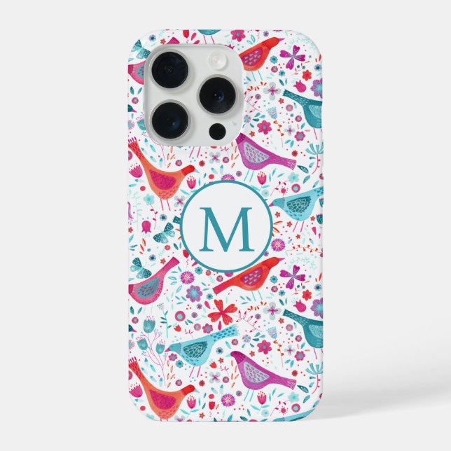 Monogramm für moderne Aquarellvögel und Blume iPhone 15 Pro Hülle (Rückseite)