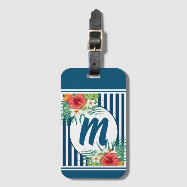 Monogramm für moderne Blaustreifen und Blume Gepäckanhänger (Vorderseite Vertikal)