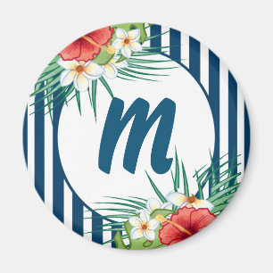 Monogramm für moderne Blaustreifen und Blume Magnet