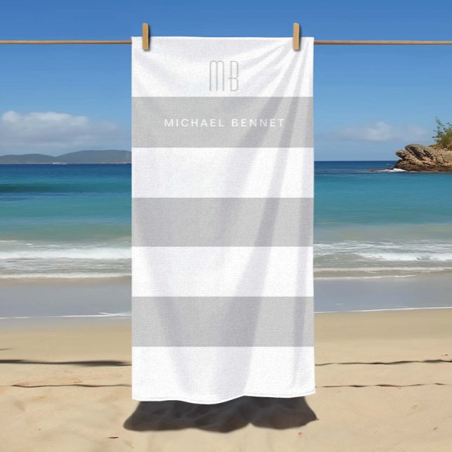 Monogramm für moderne graue Streifen Strandtuch (Modern Gray Stripes Monogram Beach Towel)