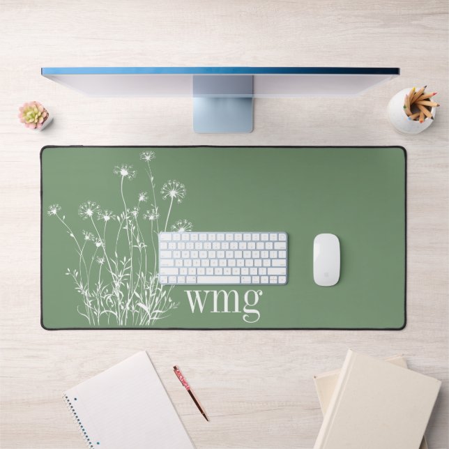 Monogramm für moderne, grün-weiße Wildblumen Schreibtischunterlage (Büro 1)