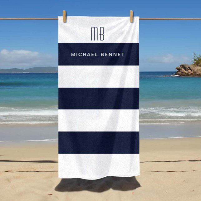 Monogramm für moderne Navy Blue Stripes Strandtuch (Modern Navy Blue Stripes Monogram Beach Towel)