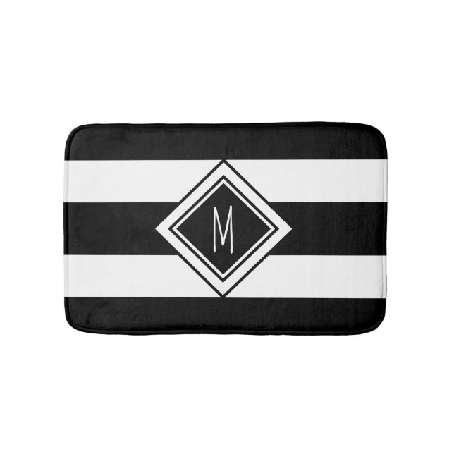 Monogramm für moderne Schwarz-Weiß-Streifen Badematte (Vorderseite)