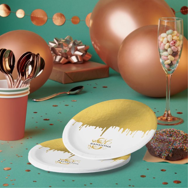 Monogramm für modische Gold-Metallic-Tropfen Pappteller (Multi)