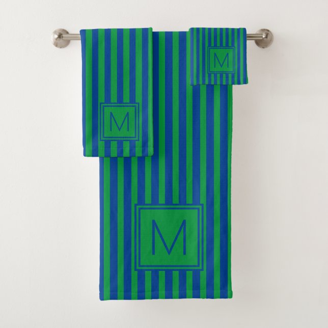 Monogramm für nautische grüne und navy Blue Streif Badhandtuch Set (Insitu)